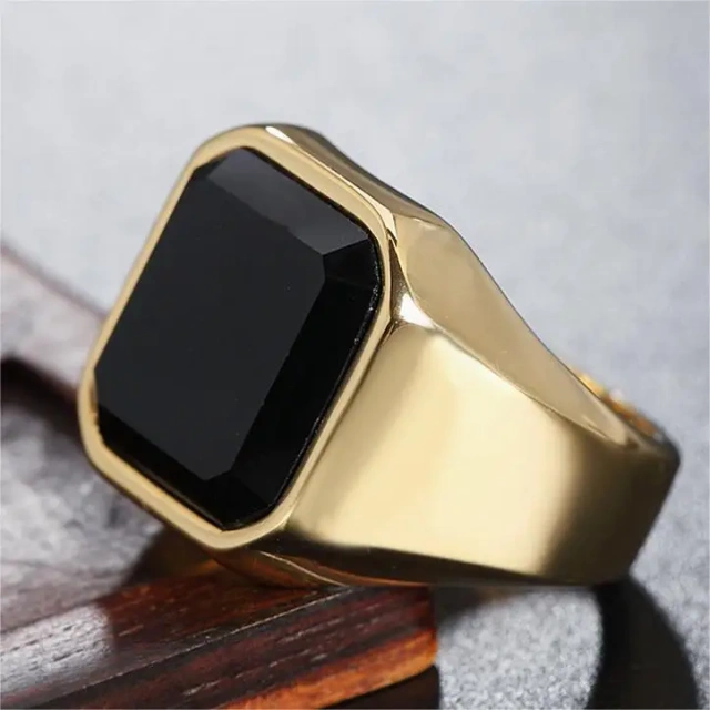 Personality Black Onyx Gem Men's Titanium Steel Ring Hiphop Ring Set Gold Filled Jewelry Plated 18k Plated Men