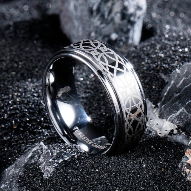 Custom 8mm Silver Tungsten Rings - Laser Engraved Stepped Edges