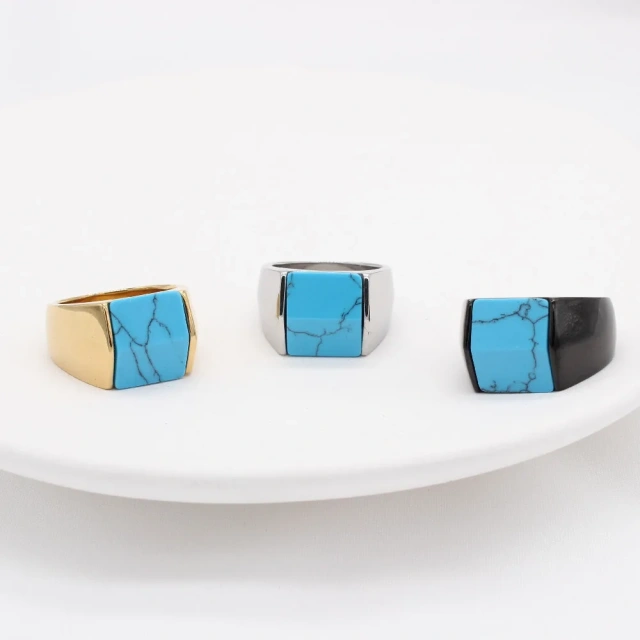 Guangzhou Fashion Jewelry Blue Turquoise Stone Stainless Steel Ring Couple Ring Man Titanium Steel Ring