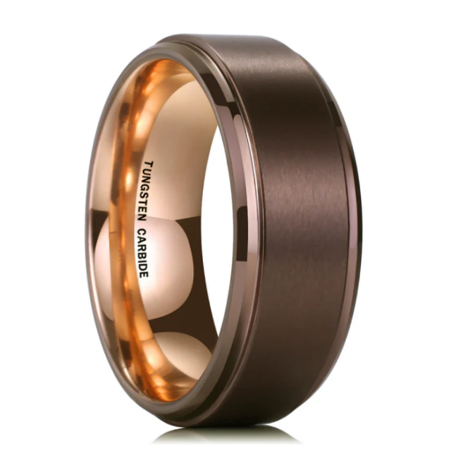 8mm Rose Gold Plated Tungsten Rings - Brushed Stepped Beveled