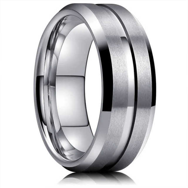Wholesale 8mm Grooved Brushed Tungsten Rings - Beveled Edge