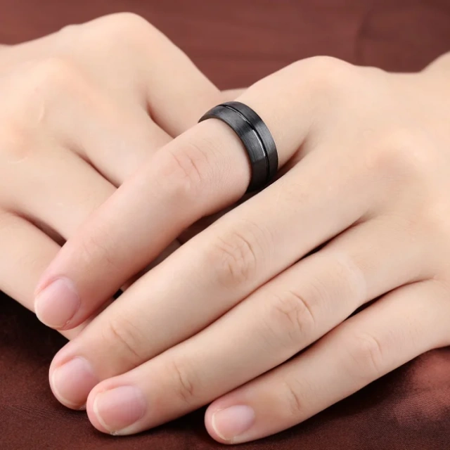 Tungsten Ring 8mm Black Beveled Edges Groove Men Tungsten Band