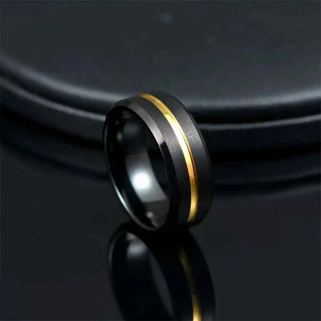 Basic Design Fashion Jewelry Tungsten Custom Ring 8MM Beveled Center Grooved IP Gold Black Tungsten Ring Men Rings for Boys