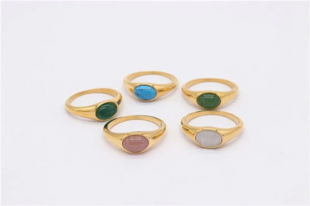 Wholesale Retro Hip Hop Style New Stainless Steel Jewelry 18k Gold Mosaic Natural Stone Turquoise Ring for Women