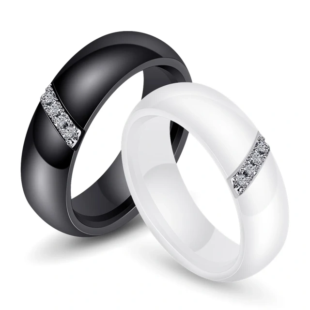 Simple White Black Color Zircon Nano Ceramic Ring Classic Stylish Female Jewelry for Wedding Engagement Party-Anniversary Gift