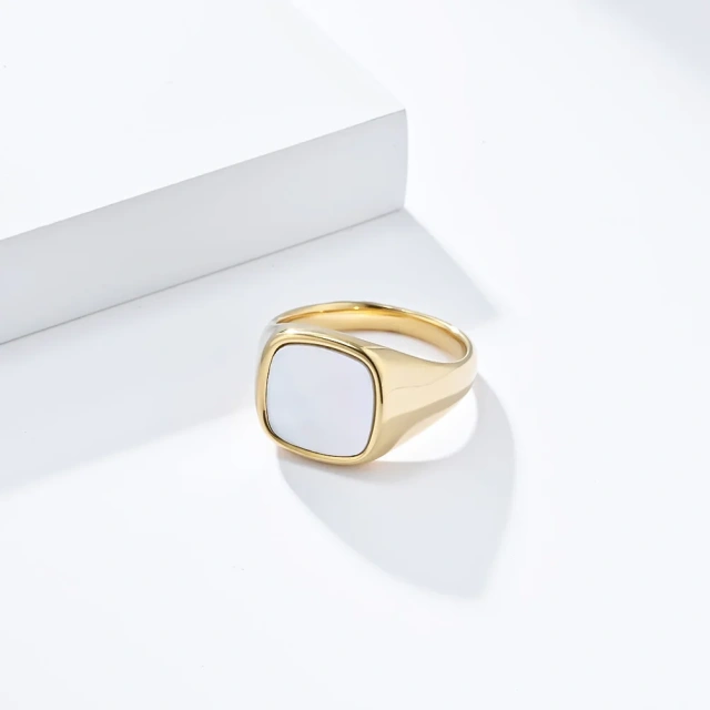 Unique Gorgeous Natural Rectangle White Shellfish Ring 18k Gold Plateding Stainless Steel Wedding Band Lovers Ring