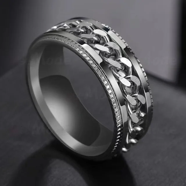 Tik Tok Cool Chain Inlaid Stainless Steel Spinner Rings Popular Wide Stress Relieving Anxiety Fidget Rings for Men