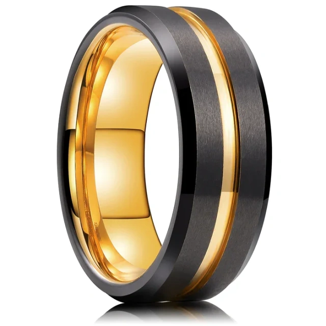 8mm Flat Black Tungsten Rings - Red Grooved Wedding Band