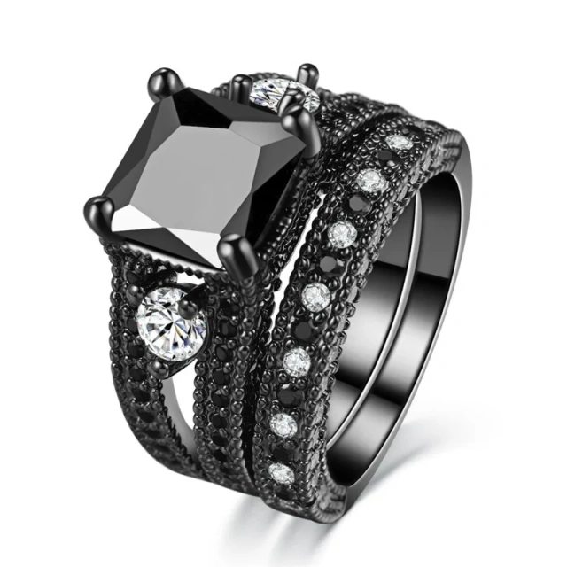 Gothic Black Plated CZ Zircon Diamond Titanium Steel Jewelry Men and Women Couples Wedding Rings