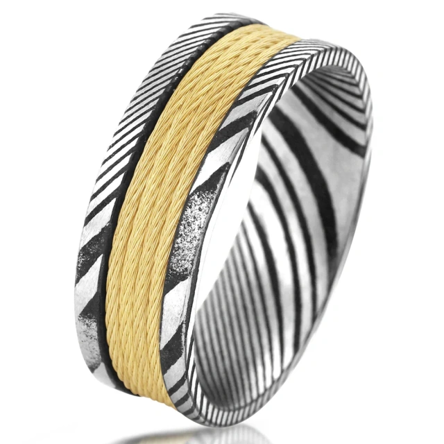 8mm Unisex or Mens Real Damascus Steel Ring Silver Tone Band Inlay and Yellow Gold Wire Inlay Top/Wedding Ring