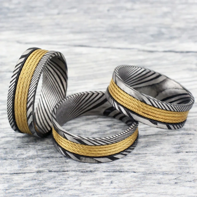 8mm Unisex or Mens Real Damascus Steel Ring Silver Tone Band Inlay and Yellow Gold Wire Inlay Top/Wedding Ring