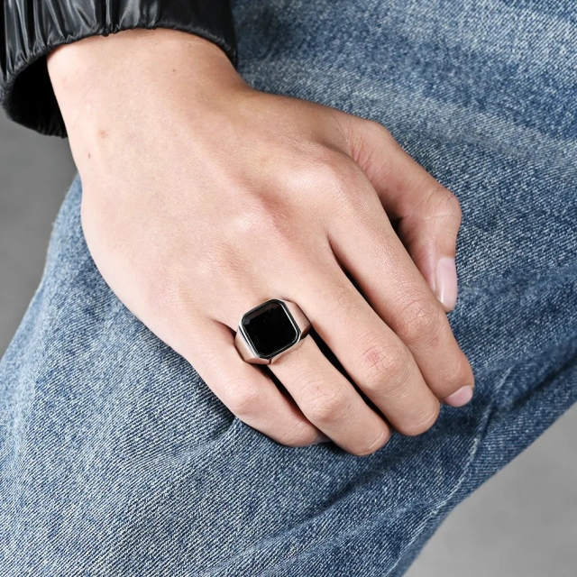 Ready to Ship Titanium Steel Black Onyx Stainless Steel Ring Artificial Stone Ring Jewelri Man Stainless Steel Jewelry