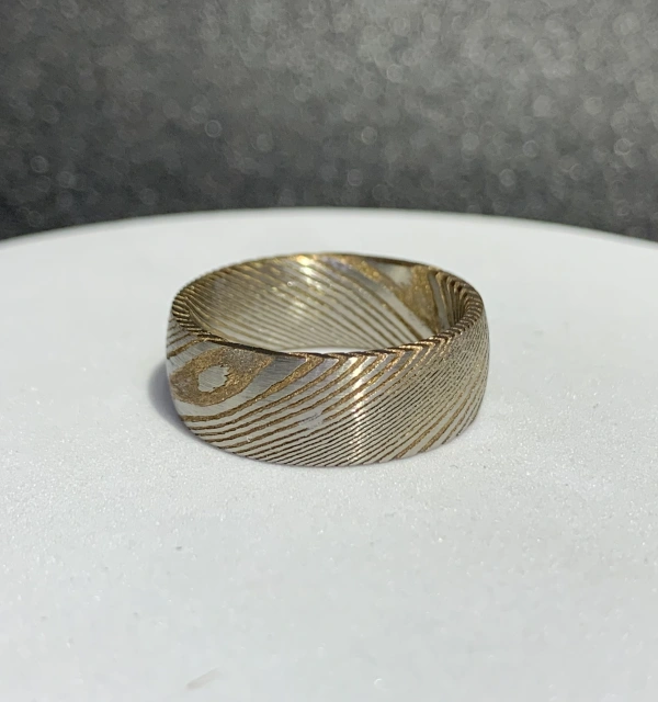 Wedding Band Ring Dome High Quality Damascus Steel Inlay Whiskey Barrel Wood 8mm Engagement Men's Gift Party