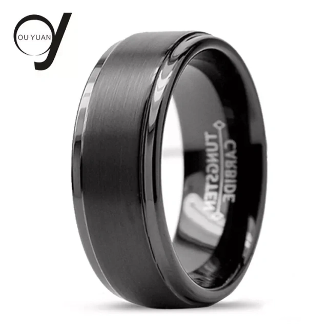 Guangzhou Custom Jewelry Best Selling 8mm Stepped Beveled Edges Brushed Finish Black Tungsten Ring Men Rings for Men