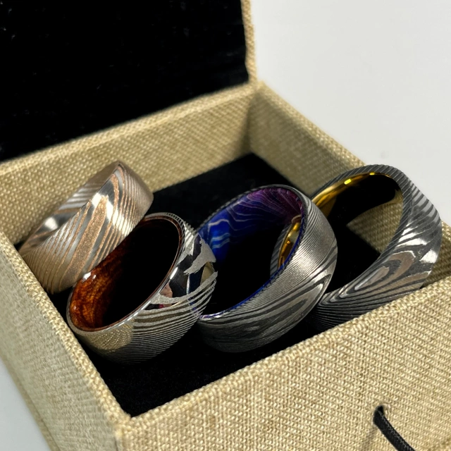 Mens Damascus Steel Wedding Ring 8mm Inlaid With Blue Purple Box Elder Wood Comfort Fit