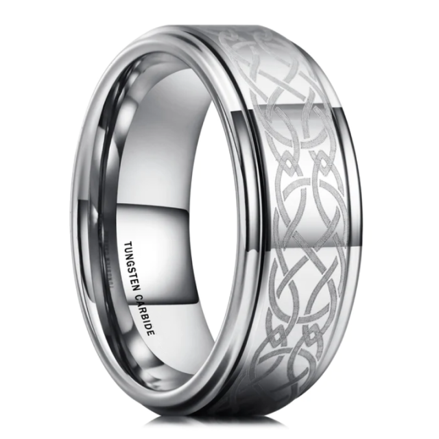 Custom 8mm Silver Tungsten Rings - Laser Engraved Stepped Edges