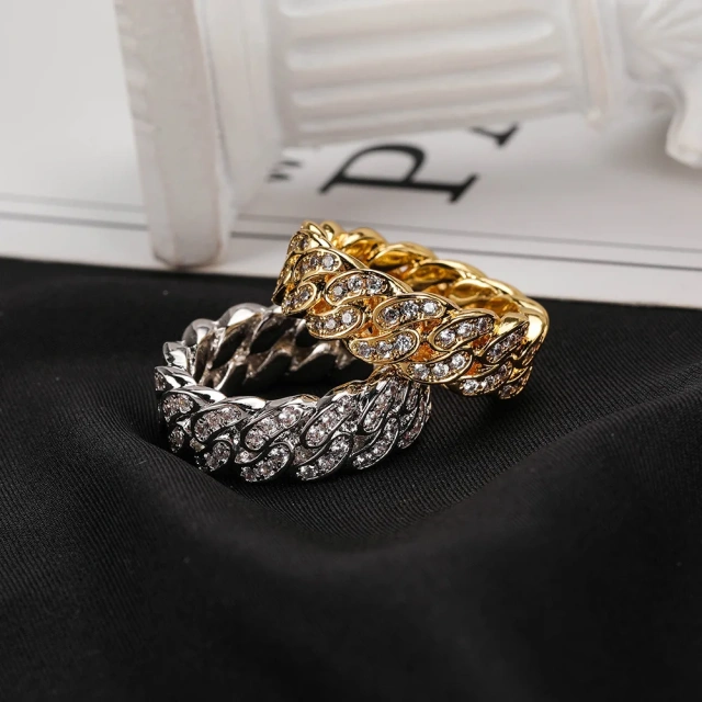 8mm European and American Hip Hop Cuban Chain Ring Gold Engagement Rings Zircon Wedding Ring Set
