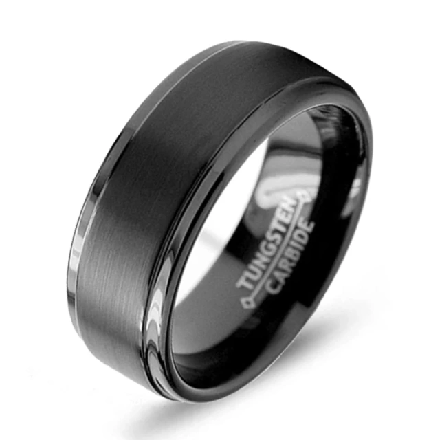 Guangzhou Custom Jewelry Best Selling 8mm Stepped Beveled Edges Brushed Finish Black Tungsten Ring Men Rings for Men