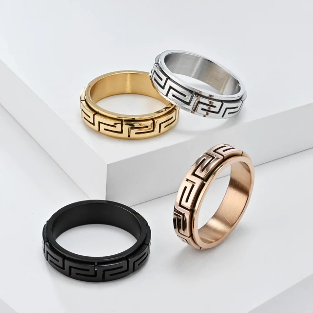 Ouyuan Jewelry Simple Personality Stainless Steel 18k Gold Plated Ring Rotary Relief Anxiety Fashion Ring