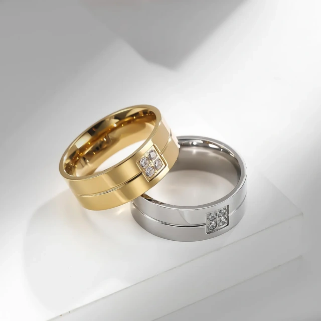 Lowest Price Luxury Gold Silver Zircon Stone Women Men Band Rings 8mm Wedding Ring Stainless Steel Jewelry Rings