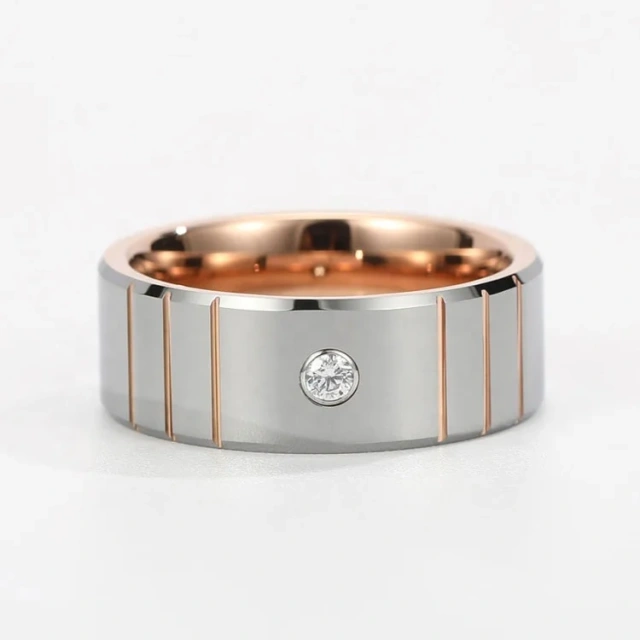 Cubic Zirconia Inlay Wedding Ring Set - Rose & White Gold 18K Look