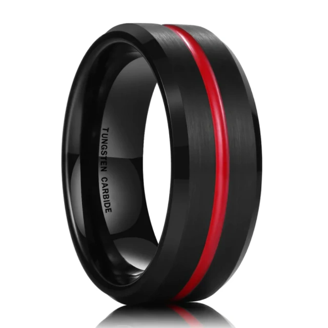 8mm Flat Black Tungsten Rings - Red Grooved Wedding Band