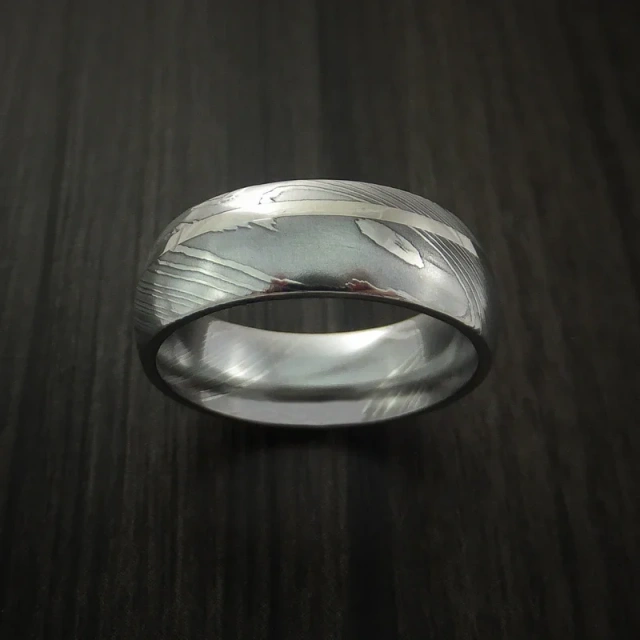 Ouyuan Supplier Direct Sell Men Damascus Steel Ring 8mm Damascus Steel Mens Wedding Bands Domed Grooved