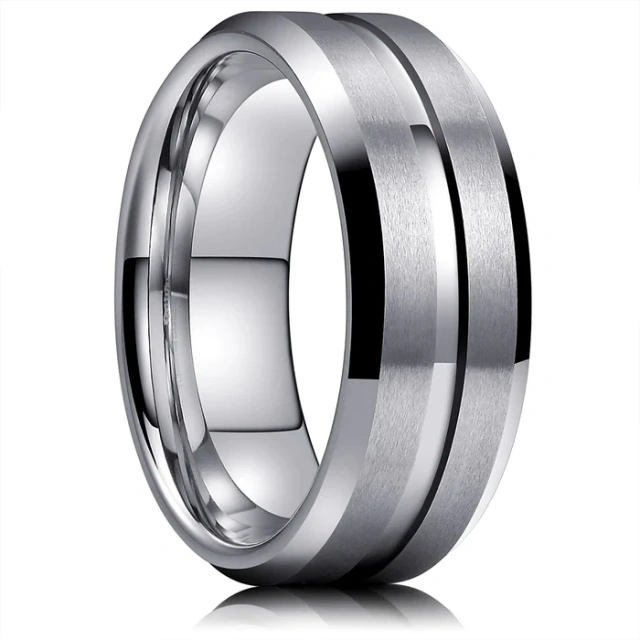 Wholesale 8mm Grooved Brushed Tungsten Rings - Beveled Edge