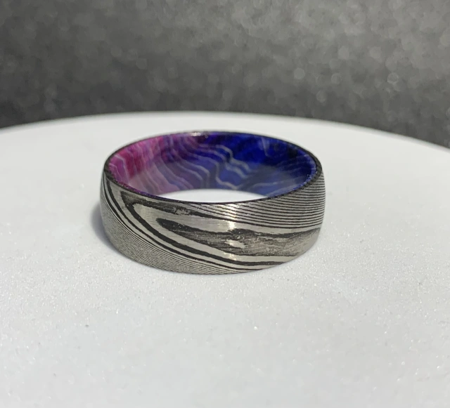 Mens Damascus Steel Wedding Ring 8mm Inlaid With Blue Purple Box Elder Wood Comfort Fit