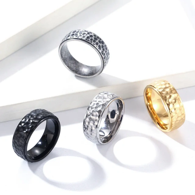 Trendy 6mm 8mm Men Women Couple Rings Fashion Hand Hammered Irregular Figure Stainless Steel 18k Gold Plating Ring for Men