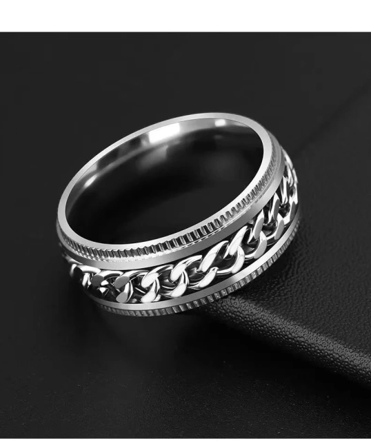 Tik Tok Cool Chain Inlaid Stainless Steel Spinner Rings Popular Wide Stress Relieving Anxiety Fidget Rings for Men