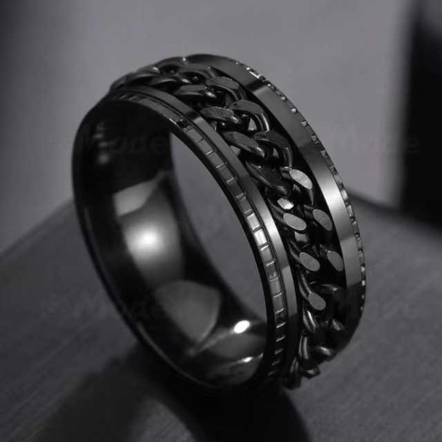 Tik Tok Cool Chain Inlaid Stainless Steel Spinner Rings Popular Wide Stress Relieving Anxiety Fidget Rings for Men