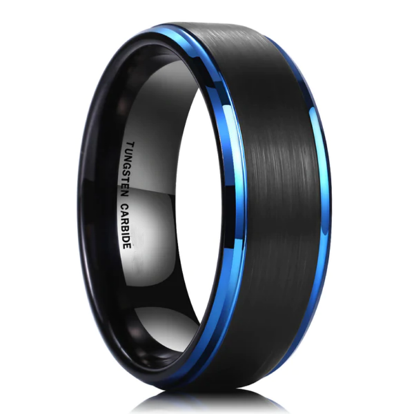 Wholesale Black Plated Tungsten Rings - Blue Stepped Beveled Edge