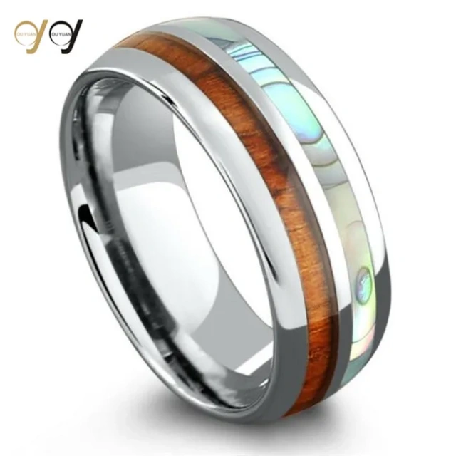 316L Stainless Steel Jewelry Men's  Natural Sea Shell Koa Wood Stainless Steel Ring Dome comfort Fit