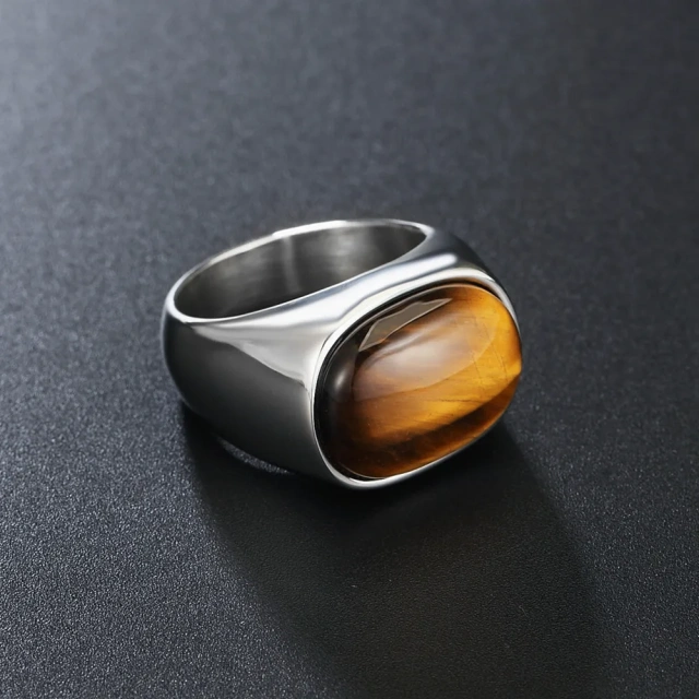 In Stock Men Titamuim Steel Punk Silver Gold Plated Ring for Men Natural Stone Rings With Black Stone and Tiger Eye Stone