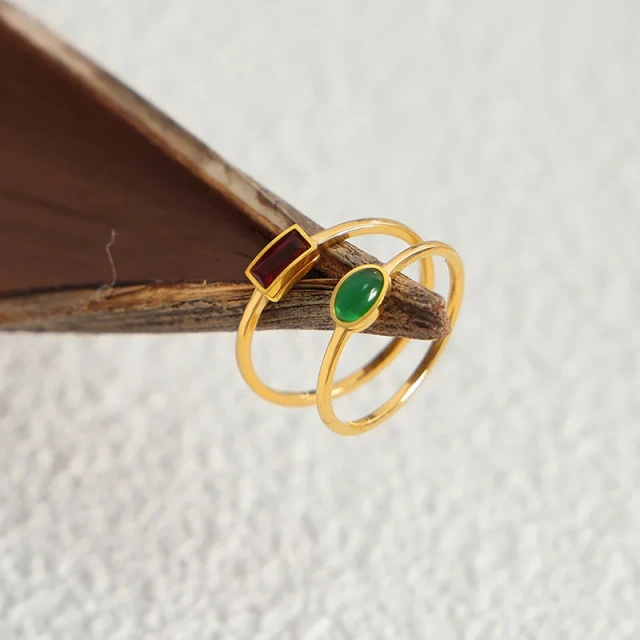 New Simple Fashion Waterproof Jewelry Gold Plated Stainless Steel Glass Stone Zircon Ring for Women