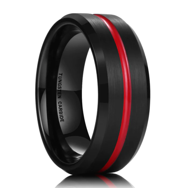 8mm Flat Black Tungsten Rings - Red Grooved Wedding Band