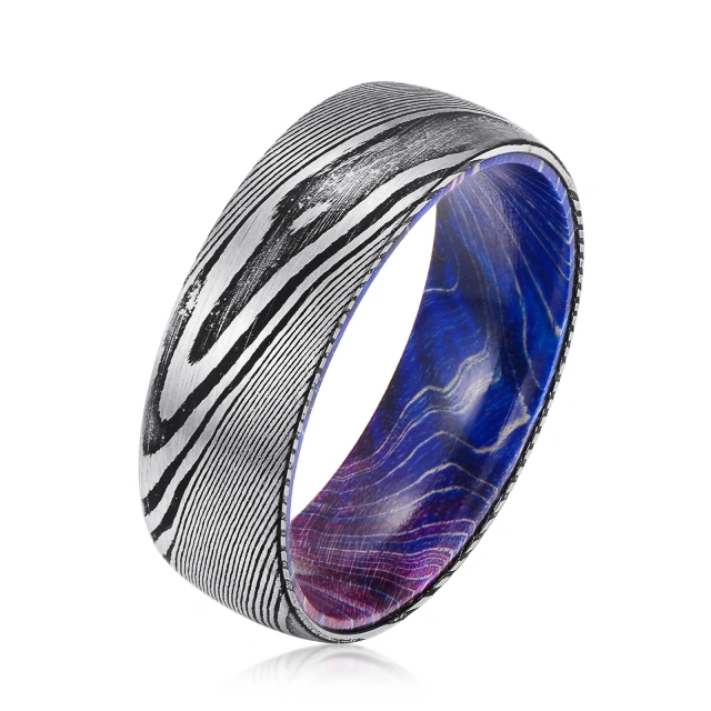 Mens Damascus Steel Wedding Ring 8mm Inlaid With Blue Purple Box Elder Wood Comfort Fit