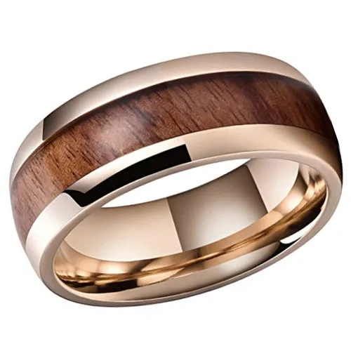OEM Logo 18K Gold Plated Tungsten Carbide Cock Ring for Men Women Wedding Band Fashion Jewelry Whisky Barrel Wood Inlay