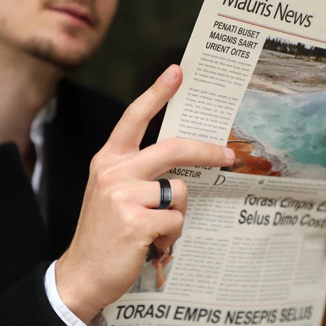 Blue & Black Top Tungsten Ring - Brushed Beveled Stepped Edge