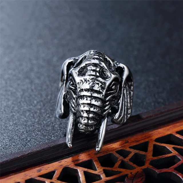 Fashion Inoxidable Biker Ring Silver Stainless Steel Animal Elephant Ring for Men