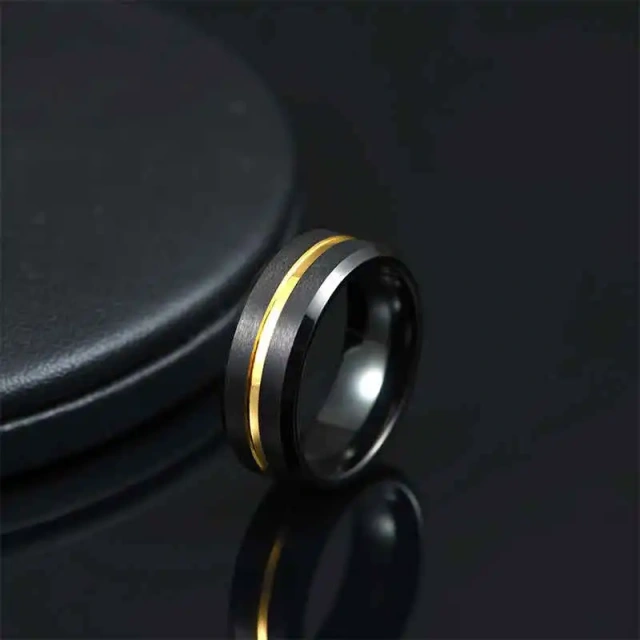 Basic Design Fashion Jewelry Tungsten Custom Ring 8MM Beveled Center Grooved IP Gold Black Tungsten Ring Men Rings for Boys