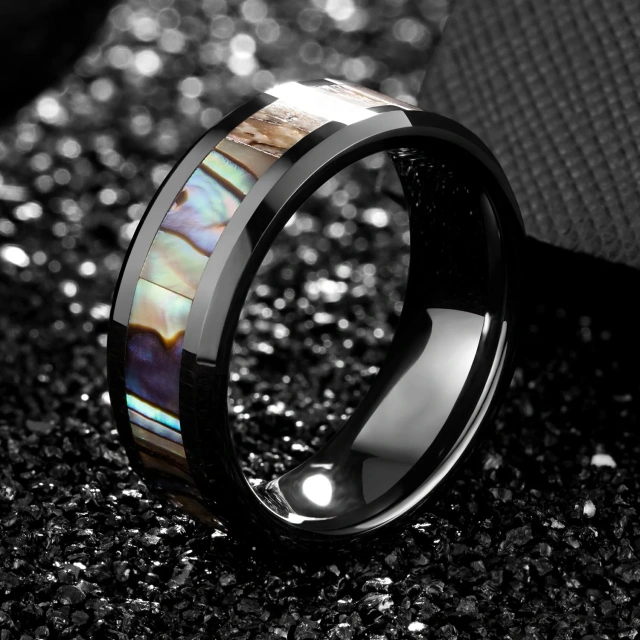 Wholesale Price Custom Black Plated Ceramic Men Rings Hawaii Style Abalone Ceramic Rings Wedding Rings Jewelry