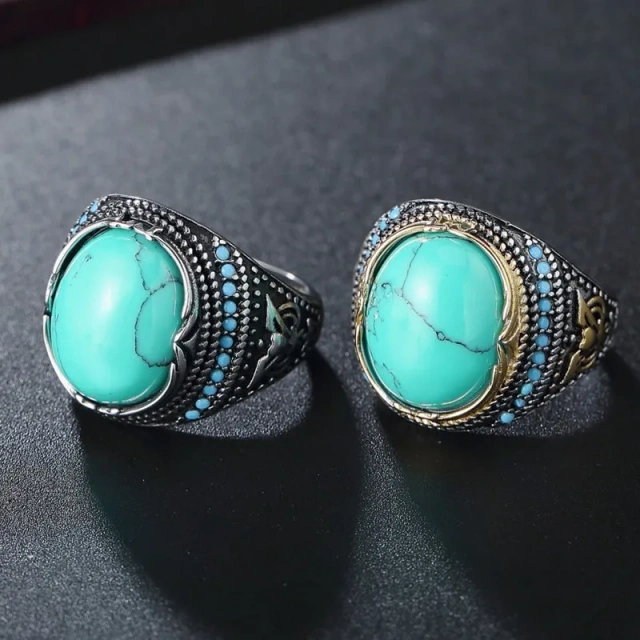 Fashion Jewelry Silver Plated Stone Turquoise Inlay 316 Stainless Steel Rings for Men