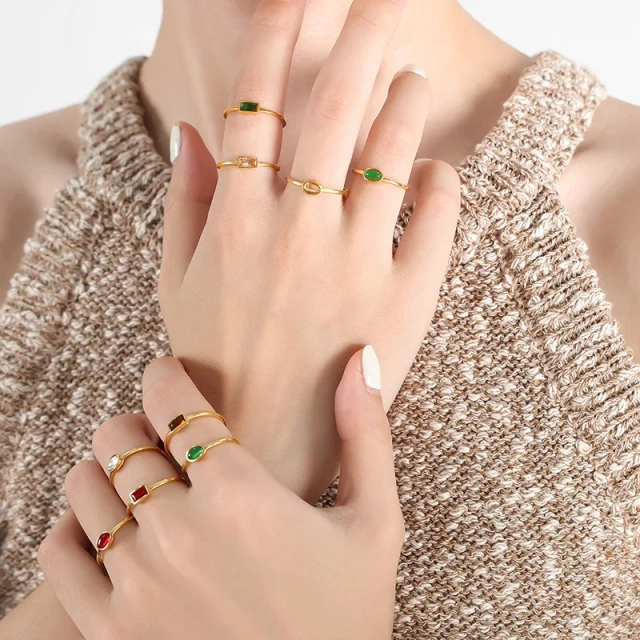 New Simple Fashion Waterproof Jewelry Gold Plated Stainless Steel Glass Stone Zircon Ring for Women