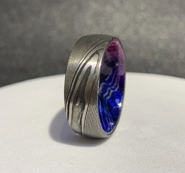 Mens Damascus Steel Wedding Ring 8mm Inlaid With Blue Purple Box Elder Wood Comfort Fit
