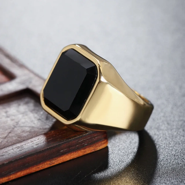 Hottest Men Jewelry Mens Stainless Steel Ring Black Onyx Gemstone Ring Fashion Jewelry Rings