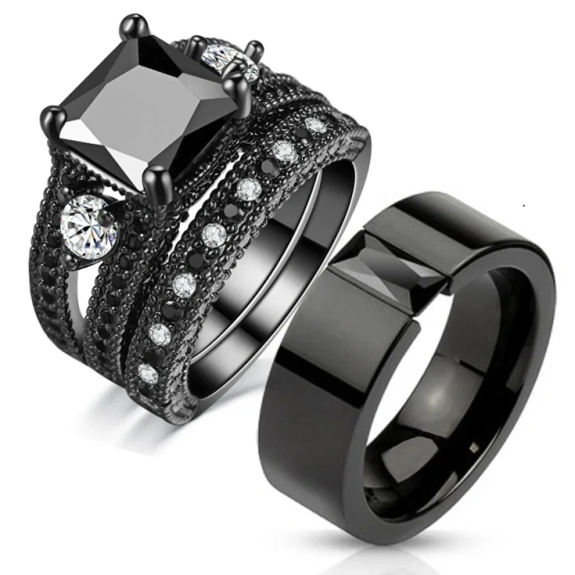 Gothic Black Plated CZ Zircon Diamond Titanium Steel Jewelry Men and Women Couples Wedding Rings