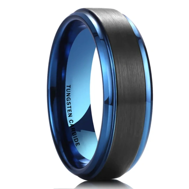 Blue & Black Top Tungsten Ring - Brushed Beveled Stepped Edge