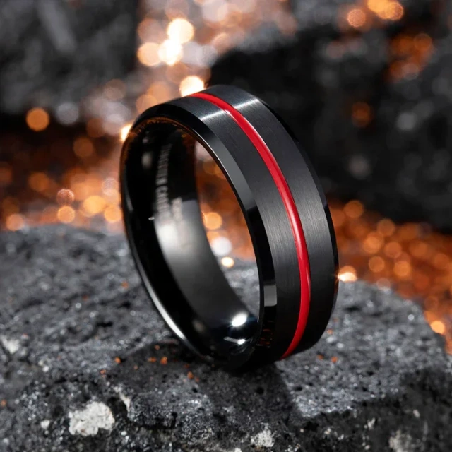 8mm Flat Black Tungsten Rings - Red Grooved Wedding Band